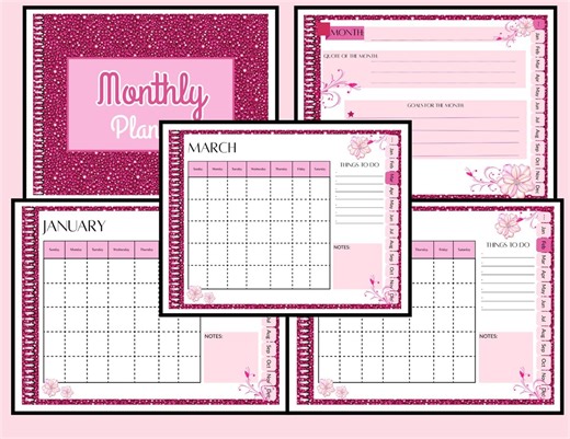 Pink Monthly Planner Canva Template: Printable Digital Download - Etsy