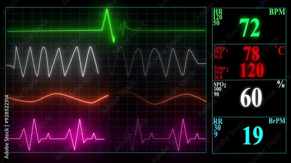 Heart rate monitor in hospital theater. Medical vital signs monitor instrument in a hospital on anesthesia surgery monitor. Patient heartbeat at the screen