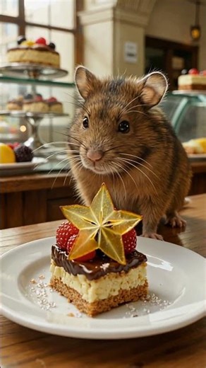 A Mustached Hamster Discovers a Shiny Raspberry & Starfruit Dessert 🍓⭐
