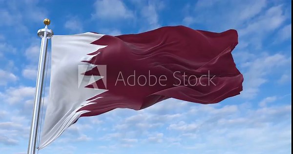 Qatar flag with flagpole waving in wind, rolling clouds background looping, 4K video (Perfect Loop)