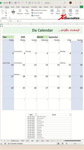 Dynamic Calendar With Event - Excel Tips and Tricks Discover how to create a dynamic calendar with events in Excel. Here are the steps outlined in my video. First Date Of The Calendar =DATEVALUE(1&$F$4&$C$4)-WEEKDAY(DATEVALUE(1&$F$4&$C$4),3) First Week Of The Calendar 1) =B7 1 2) Drag formula across 3) Format last cell Subsequent Weeks of The Calendar 1) =B7 7 2) Copy and paste formula 3) Copy and paste format from first week on calendar Date Format 1) Select calendar area 2) Ctl G 3) Special 4)