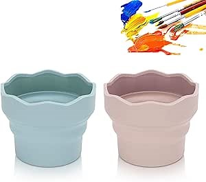 Painting Water Cup, 2 Pcs Portable Collapsible Paint Brush Washer Silicone Washing Bucket Brush Holder Cleaner for Watercolor Acrylic Oil Painting