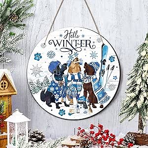 Hello Winter Door Sign Decorations Wooden Snowflake Dog Welcome Wreath for Front Door Hanger Rustic Hanging Sign Farmhouse Holiday Winter Decor for Christmas Front Porch Wall