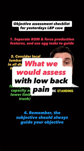 Integrated Kinetic Neurology on Instagram: "A quick & very broad insight into what we would be checking in yesterdays low back pain case study, purely from an objective movement assessment standpoint Step 1: DON’T USE SILLY MOTOR CONTROL TESTS! Separate your objective assessment into ROM & force production features that you can actually observe with less “noise,” and actually use to guide your exercise decision making Step 2: Use aggravating tasks to guide what demands are being placed on the lu