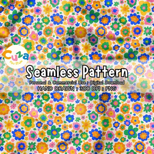 Retro Floral Seamless Pattern Digital Paper PNG | Hand Drawn Bold Flower Print | Fabric Sublimation Vinyl Scrapbook Design Download - Etsy