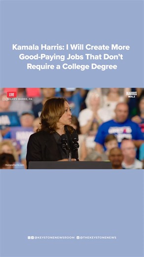 Kamala Harris has promised to create more “good-paying jobs” for people without a college degree, including by getting rid of “unnecessary degree requirements for federal jobs.” “Our nation has encouraged only one path to success, a four year college degree. Our nation needs to recognize the value of other paths, additional paths such as apprenticeships and technical programs,” Harris said during a recent rally. | The Keystone