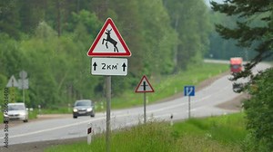 Deer animal ahead road sign - Wild animals Traffic animated sign