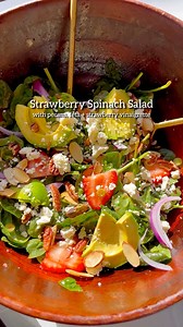 This Strawberry Spinach Salad with avocado, pecans and a sweet berry vinaigrette is a refreshing and tasty way to take advantage of strawberry season perfect for spring lunches (with your favorite grilled / cooked protein), as a dinner side or an elegant addition to your Mother’s Day spread / weekend potlucks. Full printable recipe: https://lifemadesweeter.com/spinach-salad/ | Life Made Sweeter