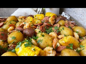 Delicious Sheet Pan Meal (shrimp, kielbasa, potatoes, corn)- The Lazy Girls Kitchen