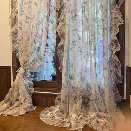 Vintage Floral Sheer Curtain, Romantic Cottagecore Lace Curtain Panel, Farmhouse Flower Window Curtain, French Country Ruffle Drapes - Etsy