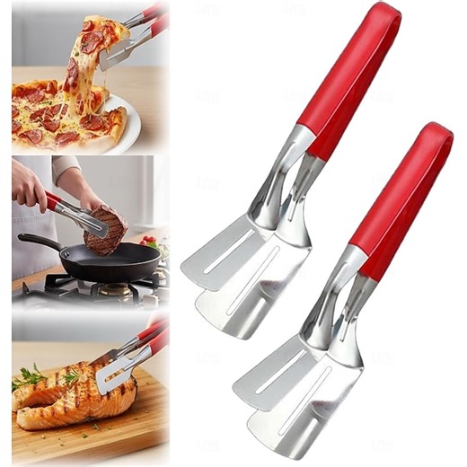 2pcs Stainless Steel Barbecue Clip, Fish Frying Spatula with Anti-Slip Comfortable Grip, Suitable for Flipping Fish, Eggs, Pizza, Steak, and Fries, Id