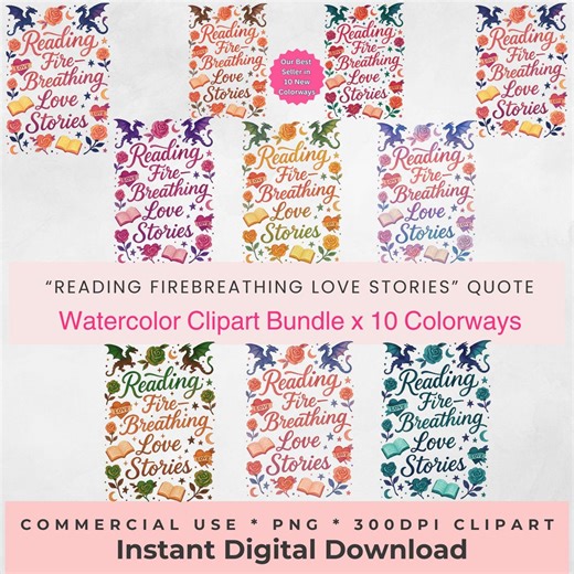 Romantasy Bookish Quote Clipart Bundle Reading Fire Breathing Love Stories PNG Fantasy Reader Dragon Fae Knight Book Lover Watercolor Design - Etsy