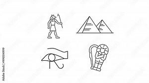 Animated ancient egypt icons. Egyptian culture line animation library. Pyramids and sarcophagus. Mythology. Black illustrations on white background. HD video with alpha channel. Motion graphic