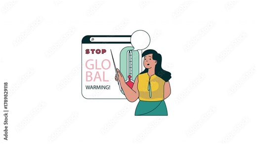 Vector animation of a woman explaining the dangers of climate change and global warming with a thermometer and a stop sign