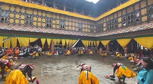 The five-day Paro Tshechu began today. The first day of the festival is performed in the courtyard of the Dzong. Close to one thousand spectators including tourists have gathered to witness the first day of the Tshechu. Starting tomorrow, the event will be held at Tshechupang, outside the Dzong. | BBS