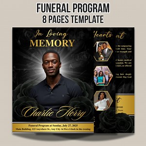 Black & Gold Floral Funeral Program Template, 8-page Memorial (canva, PDF) - Etsy