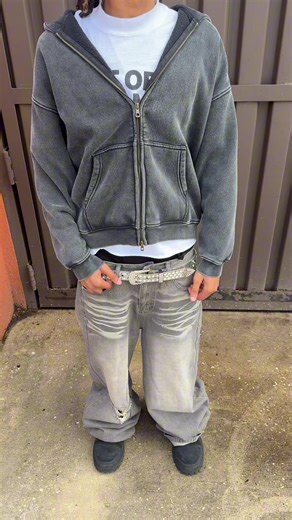 A full Fluenced fit Top: “Faded Black Double Zip Up Hoodie” Bottom: “Faded & Distressed Gray Baggy Jeans” Belt: “Diamond Skull Belt”