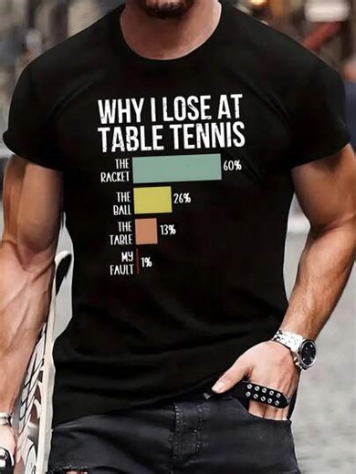 1pc Man' S Table Tennis Humor Print Black TShirt, Crew Neck, Casual Cotton Tee, Medium Stretch Knit Fabric, Regular Fit For Boys& Man, Perfect For Spring/Summer/Fall | SHEIN