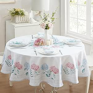 Newbridge Spring and Easter Blue and Pink Hydrangea Sketch Round 70 Inch Fabric Tablecloth, Wrinkle and Stain Resistant Fabric Floral Table Cover, Indoor Outdoor Dining and Parties