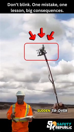 🚨 Fatal Error on Boom Platforms: Tip-Over Happens in Seconds 🏗️ The footage shows a boom lift moving with the platform fully extended across uneven ground. Momentum and surface instability shift the machine’s center of gravity in seconds. The result: a multi-ton machine tips, and the extended boom violently throws the occupant from height. This is a harsh reminder that dynamic stability matters. Moving elevated platforms, uneven surfaces, and sudden motion can turn routine tasks into fatal eve