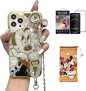 Cartoon Case for iPhone 12 Pro 6.1" with HD Screen Protector, Minnie Mouse with Wrist Strap Kickstand Metal Chain Strap Soft TPU Shockproof Protective for Girls Women