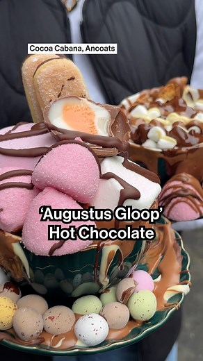 16K views · 70 reactions | THE AUGUSTUS GLOOP HOT CHOCOLATE // With Easter just around the corner, Cocoa Cabana Ancoats have launched a new hot chocolate special. The aptly named ‘Augustus Gloop’ comes overflowing with melted chocolate, marshmallows, Mini Eggs a Creme Egg and, of course, more chocolate drizzled across the top. #Manchester #food #ancoats | Manchester's Finest | Facebook