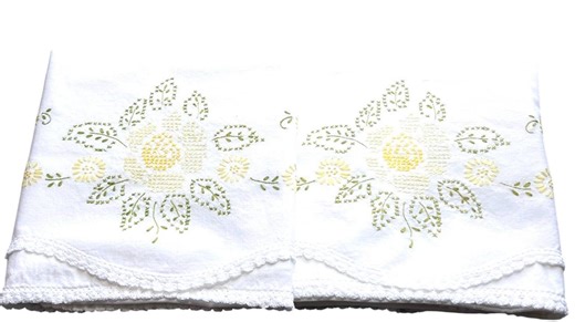 Pair of Vintage Embroidered Pillowcases With Yellow and Green Flowers White Trim Cotton - Etsy