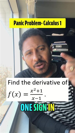 Most people mess up ONE sign on this quotient rule 😭 Find d/dx of (x^2 1)/(x - 1). Drop your answer in the comments. Save this and follow for daily Calc panic problems Part 2 solution later today. #calculus #calc1 #derivatives #quotientrule #math