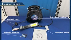 Alert ProReel 8150MM Retractable Cord Reel w/LED Work Light | 50' - 16/3 SJTOW Task Light Cord | 14W LED Shop Light Provides 1500 Lumens | Grounded Outlet with On/Off Handle Switch