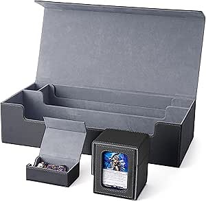 Venssu MTG Deck Box Holds 5 Display Card Deck Boxes with Playmat and Dice Box,Includes 10 colorful dividers and 1 card supporter, Trading Card Storage Box For Magic Game Cards (Black and Grey)