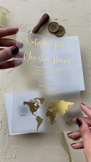 Explore Our Luxurious Acrylic Wedding Invitation with Gold Foil & World Map Design