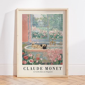 Pug Bathroom Wall Art, Pink Pastel Monet Bathroom Decor, Dog Lover Gift, Bathroom Painting Print - Etsy