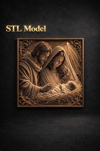 Nativity Scene STL File | CNC Wood Carving 3D Model | Christmas Relief, Baby Jesus Mary Joseph