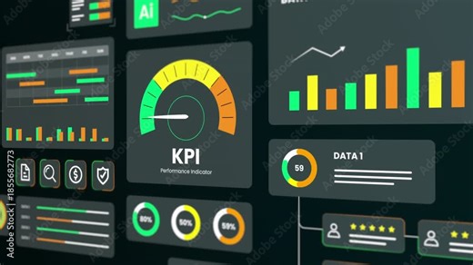 Visualization of business success featuring rising bar graphs and key performance indicator metrics on a dark display.