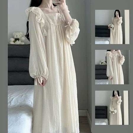 Lace Nightgown Sleepwear Women Korean Ruffles Night Dress Spring One Piece Pajamas Long Sleeve Square Collar Home Wear 2024 New Beige XXL(65kg-75kg) - Walmart.ca