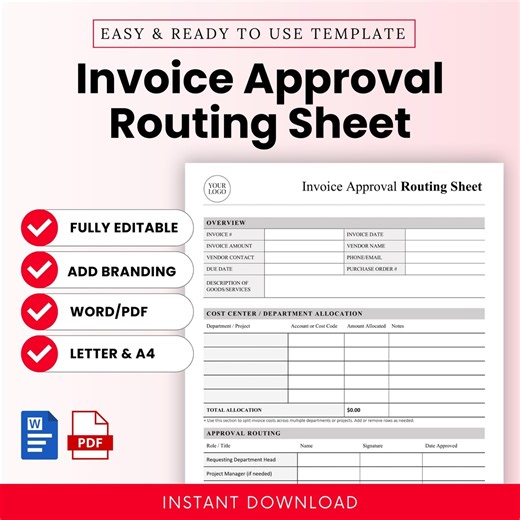Invoice Approval Routing Sheet Template – Word & PDF, A4   US Letter - Etsy