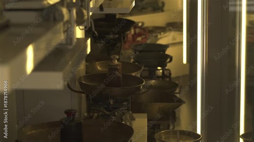 Illuminated display cases showcase antique balance scales inside a historic Libra museum gallery. Old weighing machines and pans explain weight measurement history through museology exhibits