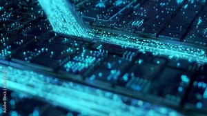 Neural network animation and machine learning procedure inside neural processor architecture. Abstract graphic design concept of artificial intelligence hardware and software training in cyberspace.