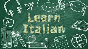 Lettering LEARN ITALIAN on greenboard. Translation related and language learning icon set. Education concept. Can be used for topics like communication, studying abroad, e-learning, home education