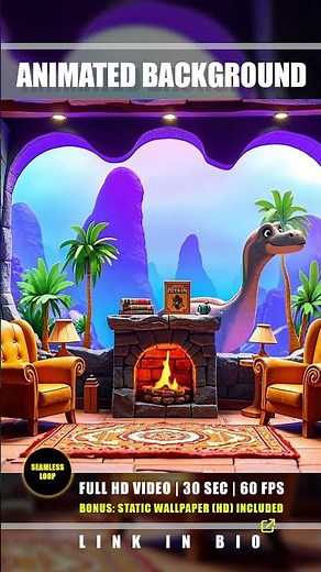 Animated Background - Prehistoric Cozy Library | Dinosaur Landscape Looped Stream