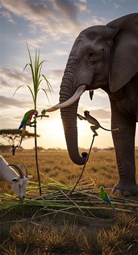 Elephant, monkey & parrots — sharing sugarcane in the savanna?
