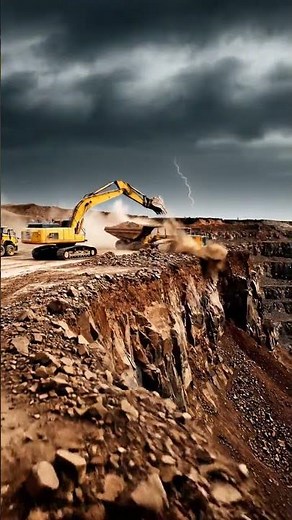 Heavy Machinery Battles Storm: Mining Under a Lightning Sky! ⚡