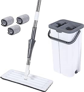 Mop and Bucket with Wringer Set,Flat Floor Mop and Bucket, with 3 Reusable Microfiber Pads, Wet and Dry Use, Floor Cleaning System