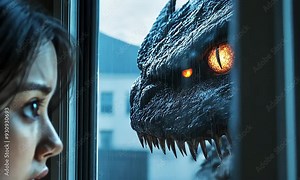 Terrified woman facing menacing creature through window with ai generated.