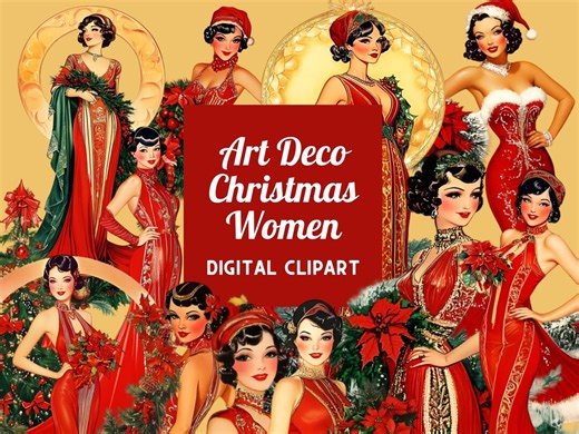 Art Deco Christmas Women Clipart | Vintage 1920s Women Graphics | Retro Christmas Illustrations | Commercial Use - Etsy