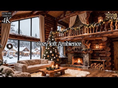 Luxury Log Cabin Living Room With Open Loft | Christmas Decor & 24/7 Snowy Day Village View ❄️🎄🔥