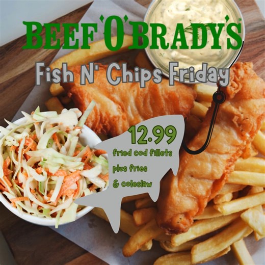 🎣 What a catch! 🎣 Fish N’ Chips Friday is here — crispy fried cod fillets served up with golden fries & creamy coleslaw for just $12.99. Now that’s a reel deal! | Beef 'O' Bradys Palm Bay