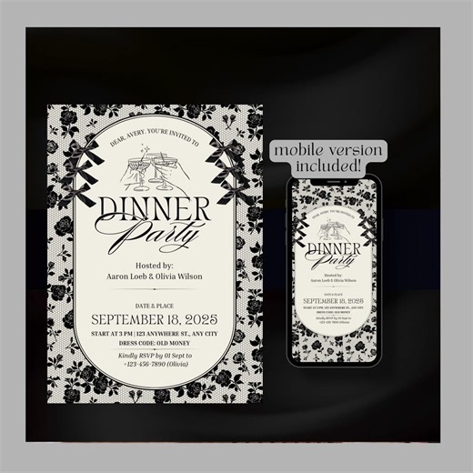 Editable Dinner Party Invitation, Vintage , Old Money, Black Lace Themed Invite Card | Canva Template - Etsy