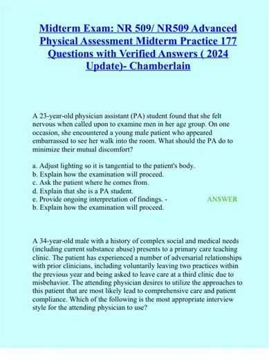 Midterm Exam NR 509 NR509 Advanced Physical Assessment Midterm Practice 177 Questions with Verified Answers 2024 Update Chamberlain#creatorsearchinsight #nr509midterm #fypp