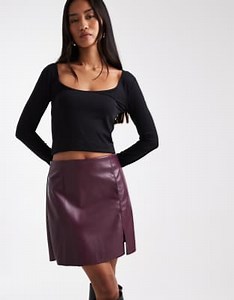 Vero Moda faux leather mini skirt with notch front in burgundy | ASOS